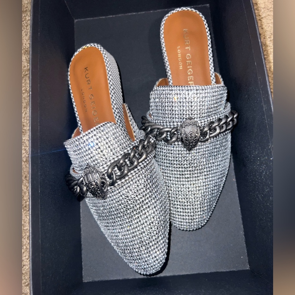 NEW KURT GEIGER LONDON Chelsea B&W Houndstooth Crystal Mule Slide SZ 35.5